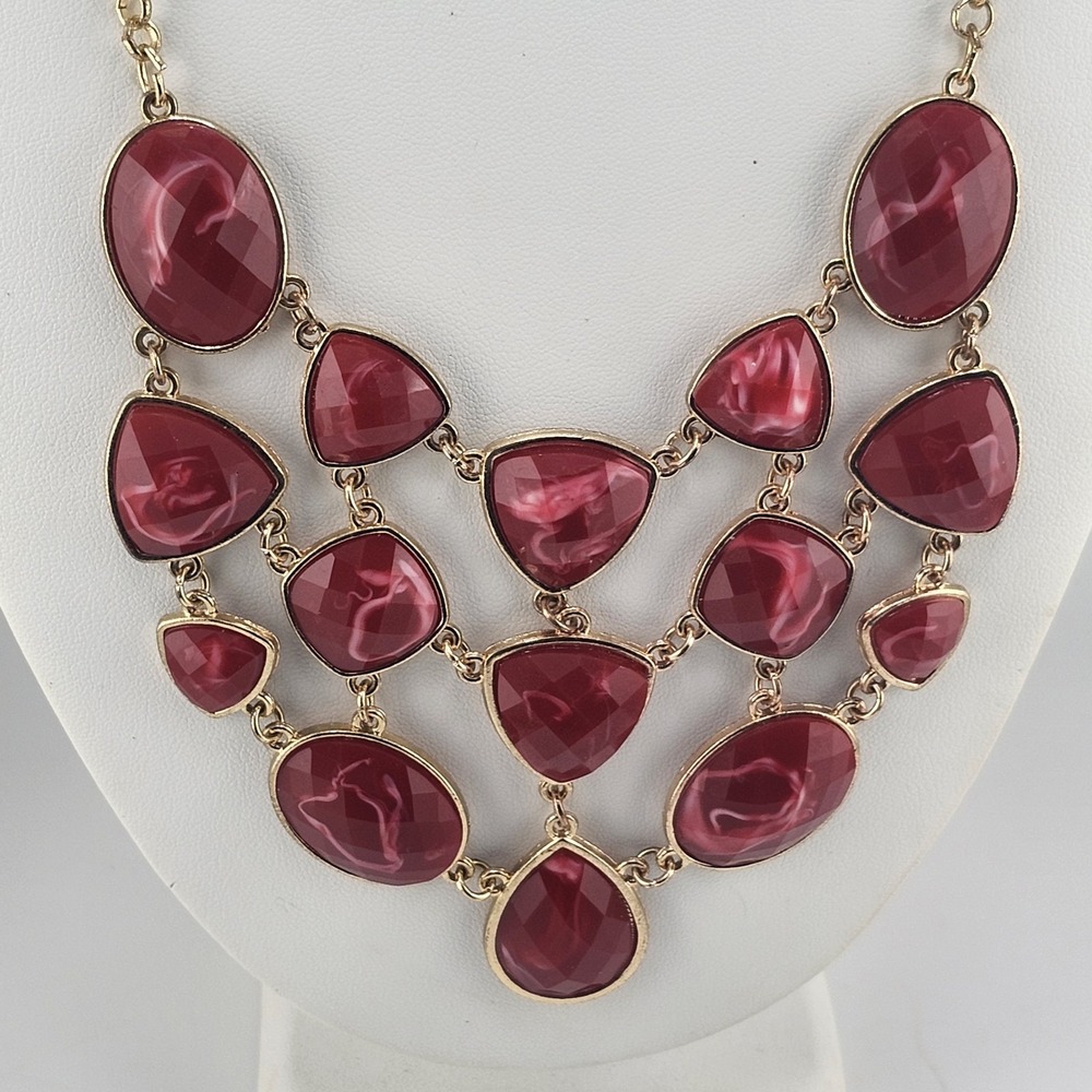 Charming Charlie‎ Red Marble Bib Necklace Gold Tone